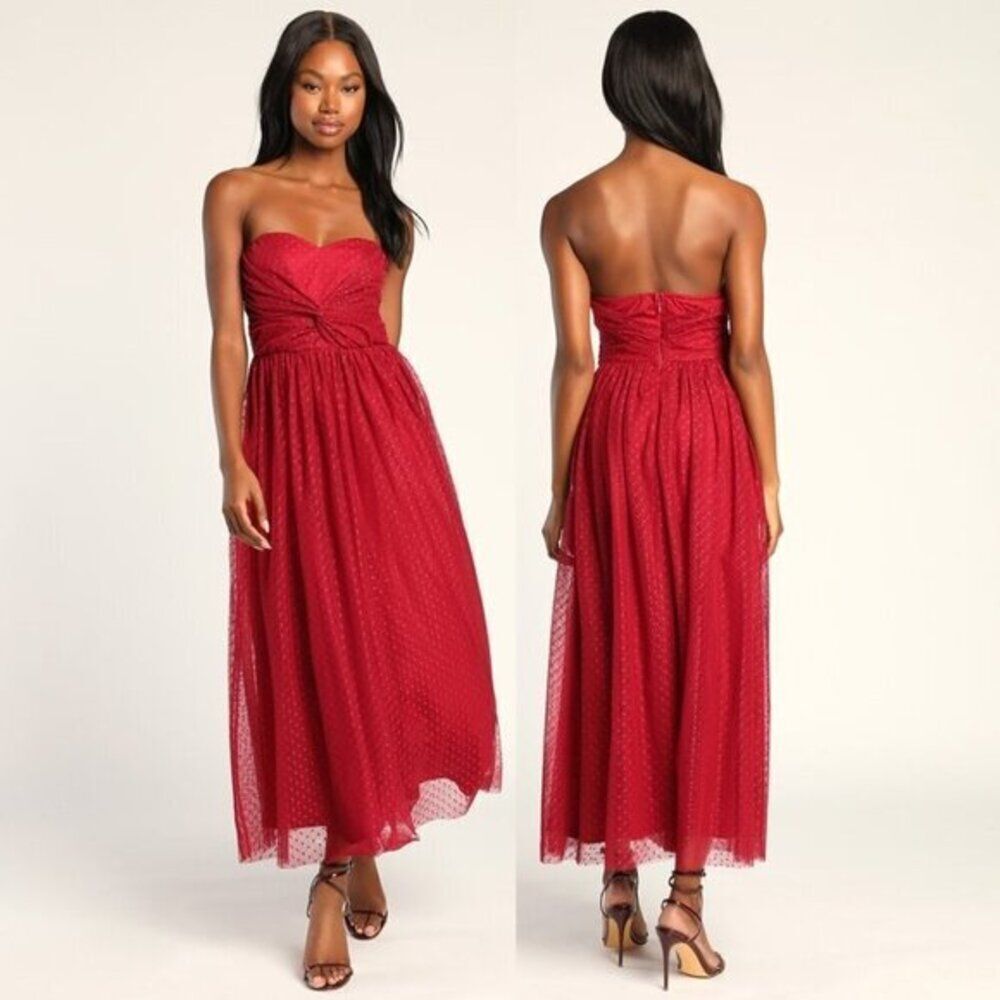 Lulu's Women Swiss Dot Strapless Midi Dress Prom Homecoming Formal Flowy Red